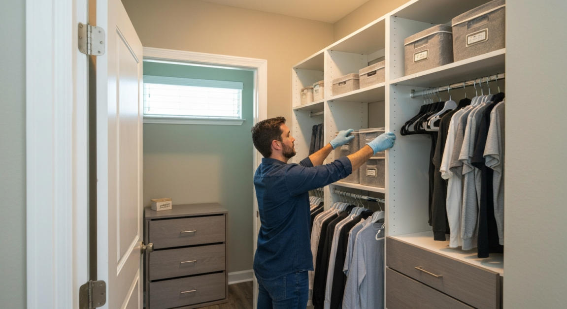 Professional organizing an Orlando home's closet, demonstrating expert decluttering skills