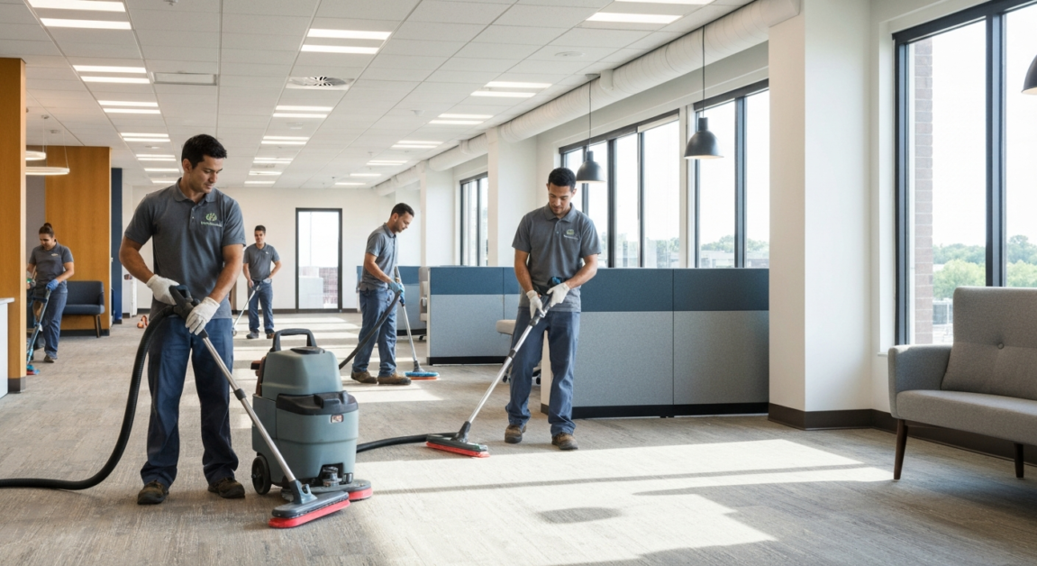 Team of cleaners using industrial equipment in a large Orlando office, highlighting commercial cleaning scope.