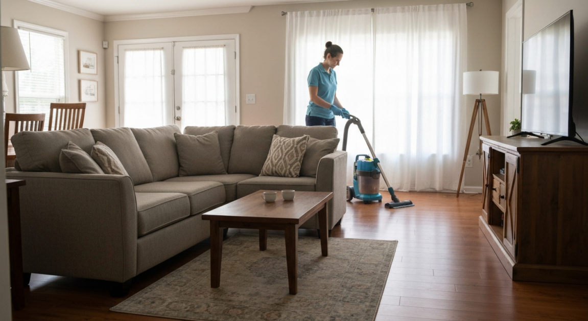 Cleaner with a vacuum in an Orlando home, demonstrating personalized residential cleaning details.