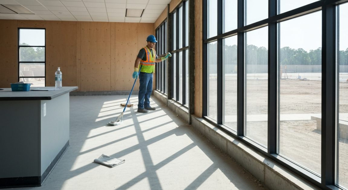 Cleaner in protective gear wiping a high-touch area in an Orlando construction site office, showing safety protocol adherence.