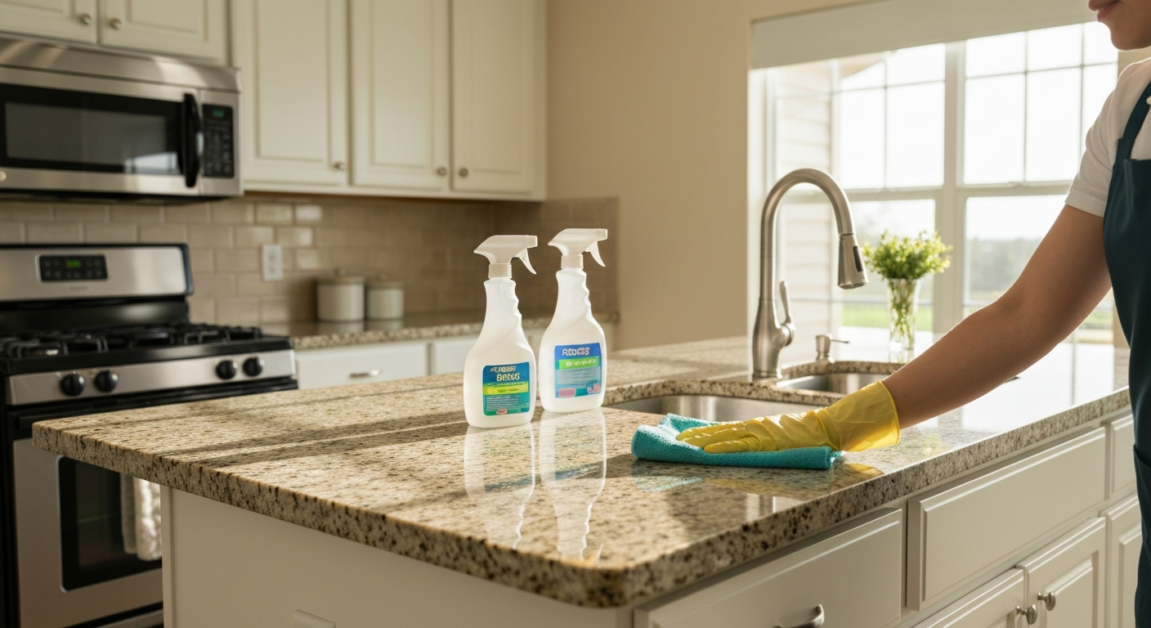 Professional cleaner using non-toxic products on Orlando kitchen countertop