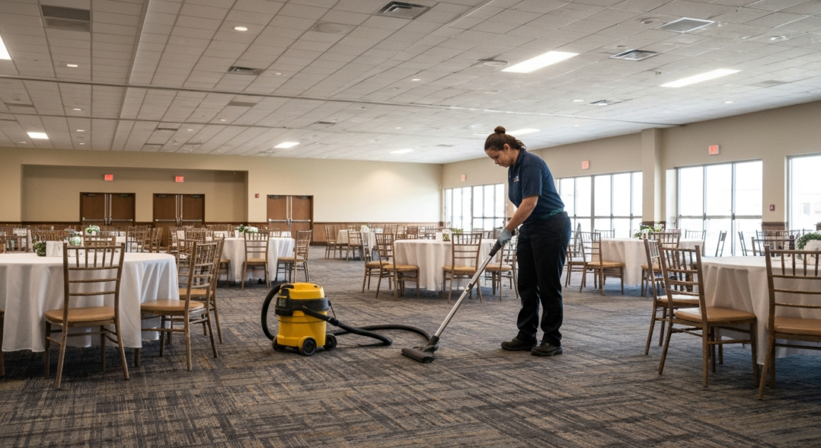 Professional cleaner vacuuming carpet in an Orlando event space, ensuring deep cleaning and guest readiness.