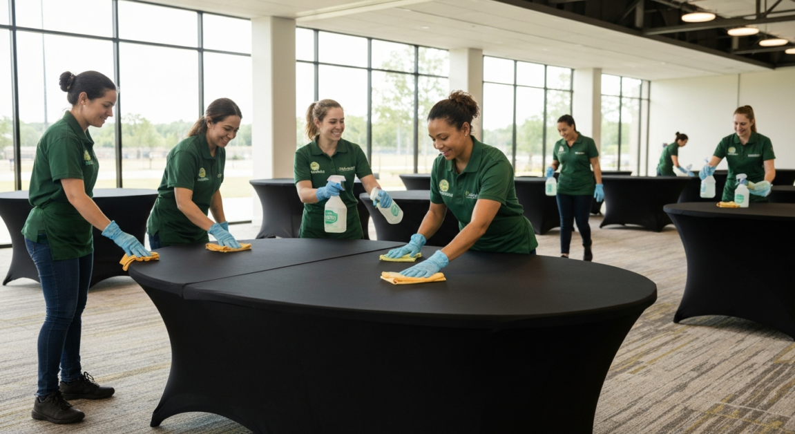 Team of cleaners using eco-friendly methods to clean an Orlando event space's surfaces.