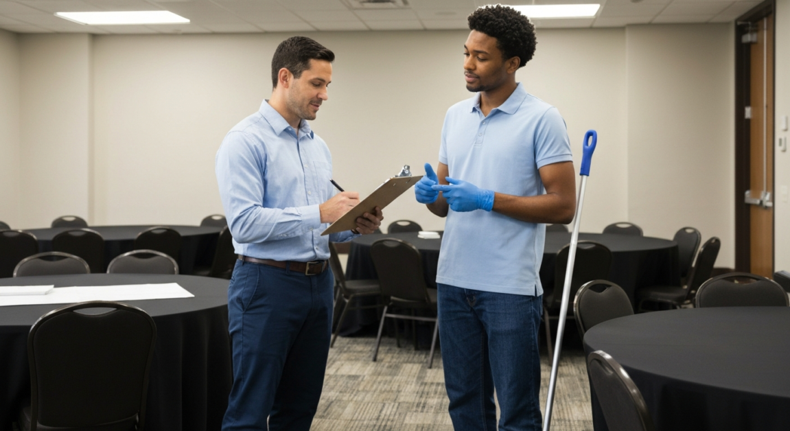 Property manager and cleaner discussing post-event cleaning services in an Orlando venue.