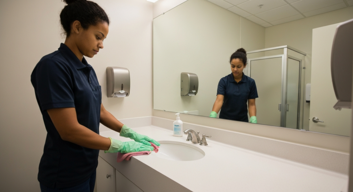 Professional cleaning a restroom sink in an Orlando office, ensuring hygiene and employee satisfaction.