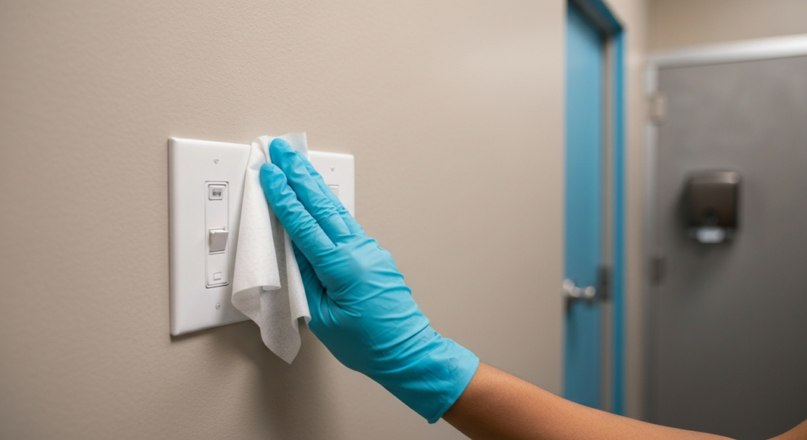 Gloved hand disinfecting a light switch in an Orlando office restroom, highlighting high-touch point care.