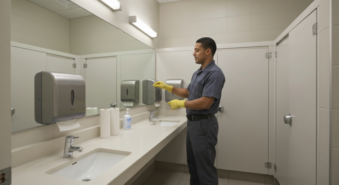 Professional cleaner restocking supplies in an Orlando office restroom for a guest-ready look.