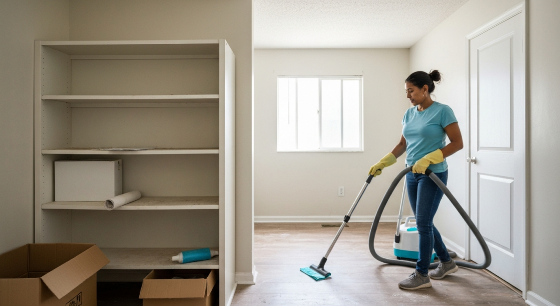 A living room in an Orlando home where a cheap cleaning service left dusty shelves and cluttered surfaces untouched.