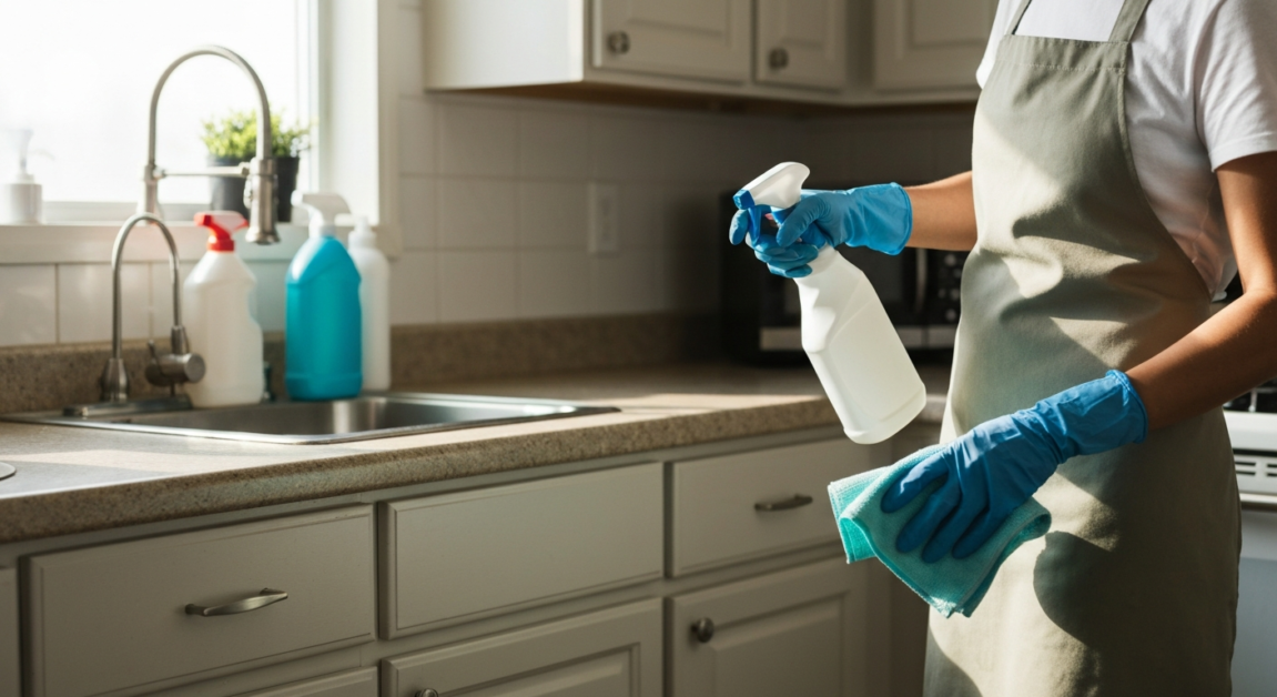 Cleaner using non-toxic products and microfiber cloths in an Orlando kitchen, focusing on eco-friendly practices.