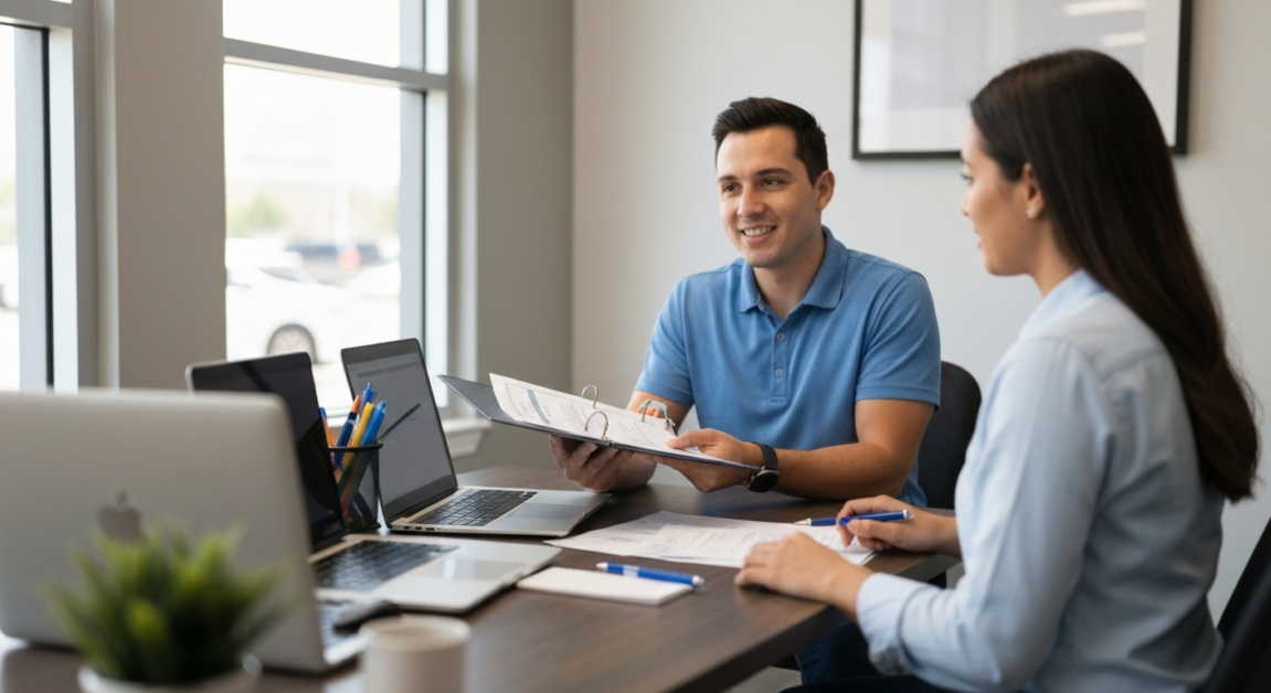 A professional cleaner showing certification documents during a meeting in an Orlando office.