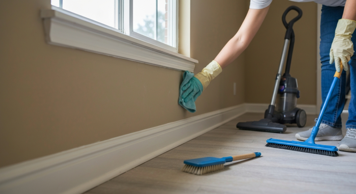 Professional cleaner dusting baseboards post-renovation in an Orlando home