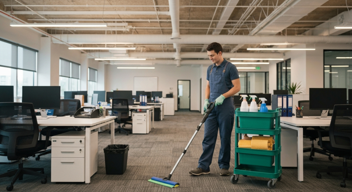Professional cleaner vacuuming a large office space in Orlando