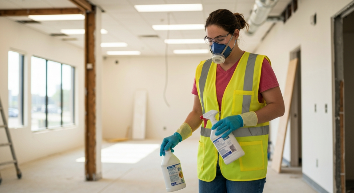 Cleaner ensuring safety and compliance during post-construction cleaning in Orlando