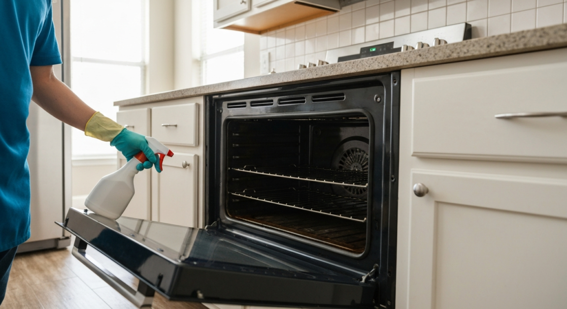 Professional cleaner deep cleaning an oven in an Orlando kitchen, demonstrating the value of add-on services.