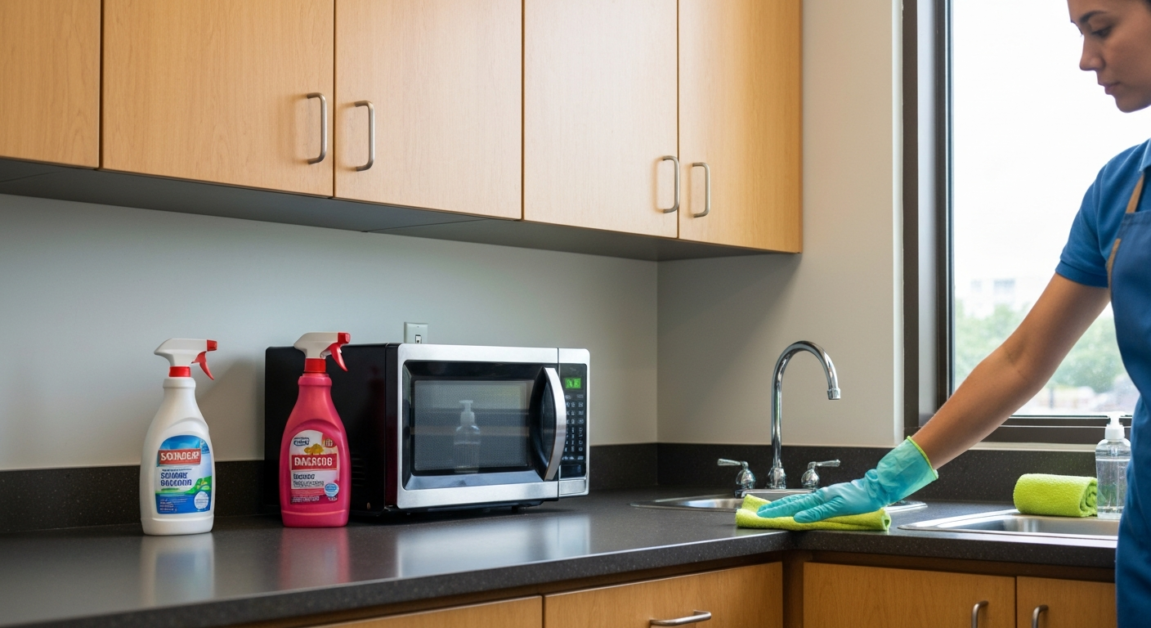 Professional cleaner using a microfiber cloth to wipe a breakroom countertop near a microwave and sink in an Orlando office.