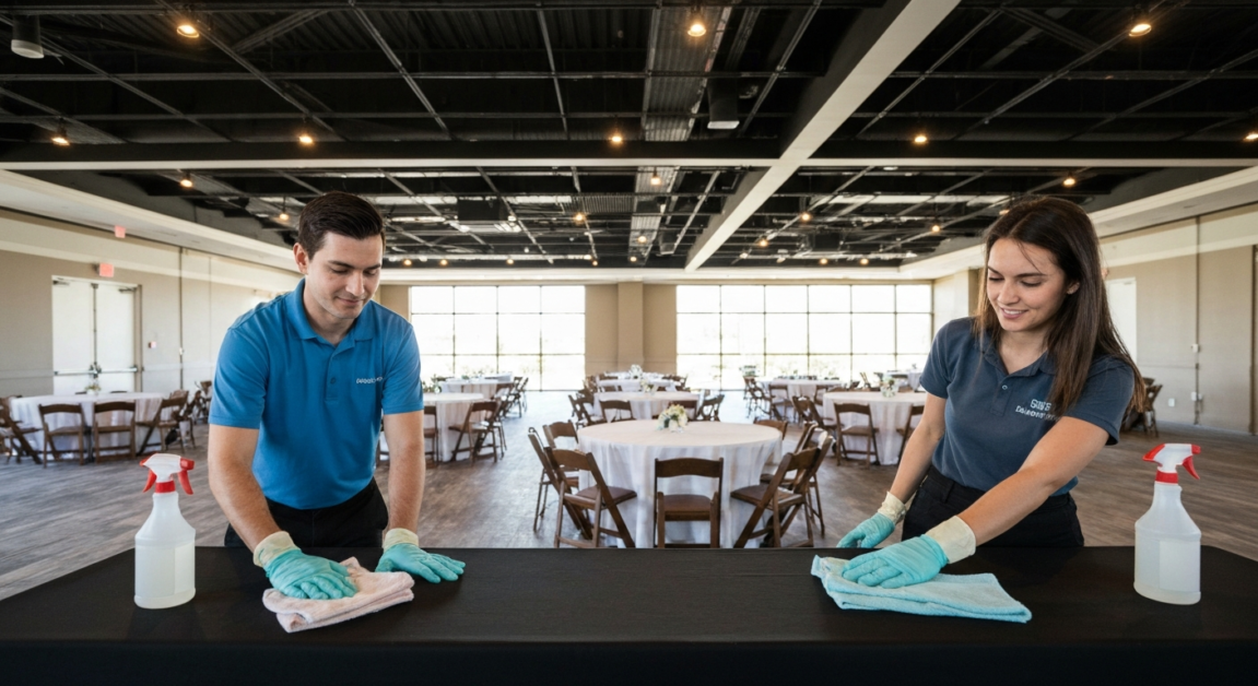Professional cleaners preparing an Orlando event space, illustrating factors influencing cleaner numbers.