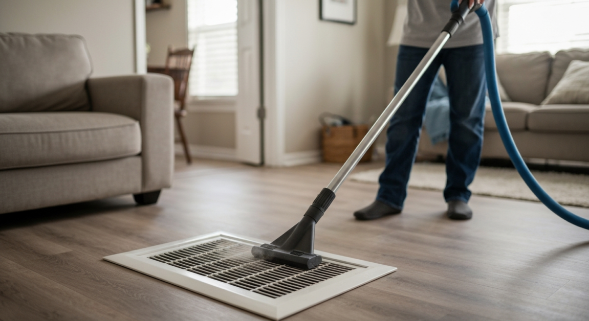Cleaner vacuuming a dusty air vent in an Orlando home, demonstrating improved indoor air quality through vent cleaning.