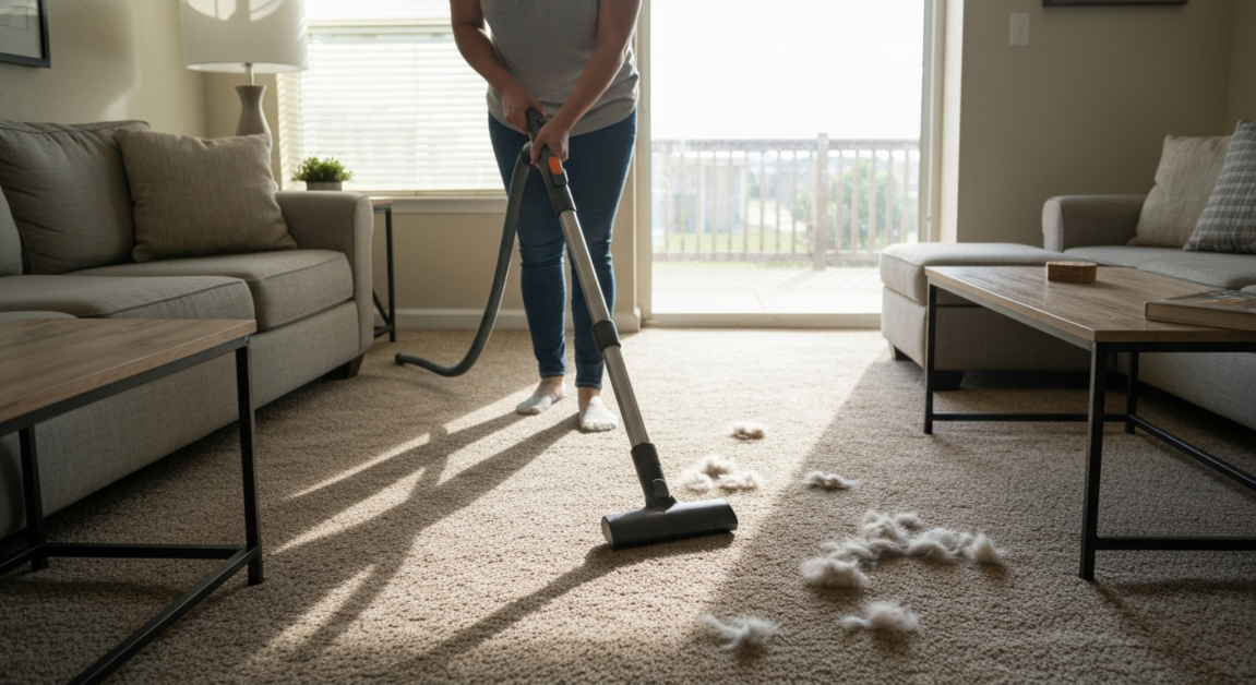 Orlando apartment living room with renter vacuuming pet hair from carpet with specialized attachment.