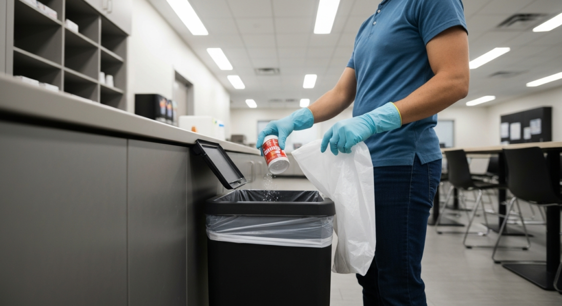 Professional cleaner managing waste in an Orlando office breakroom, using baking soda to prevent odors.