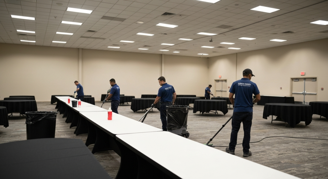 Team-based cleaning in an Orlando event hall for rapid post-event turnover.