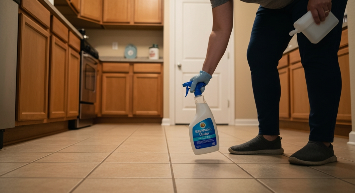 Applying enzymatic cleaner to ceramic tiles in an Orlando kitchen for pet odor control.