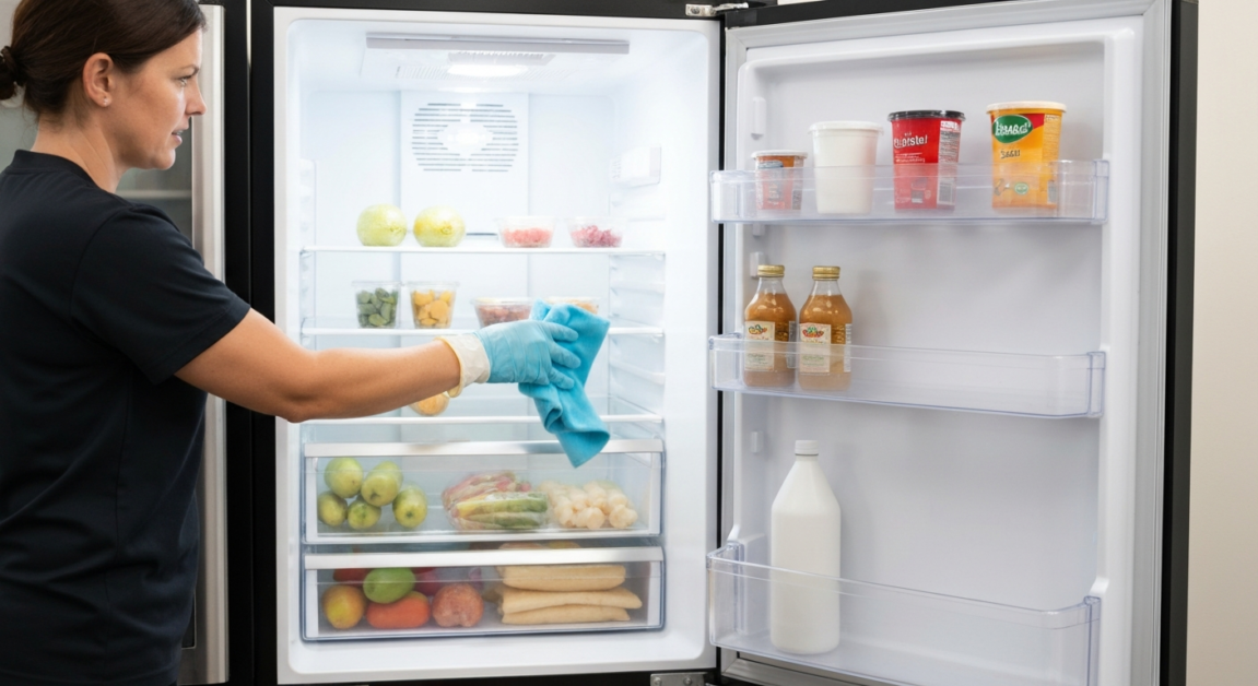 Professional cleaner organizing and cleaning the interior of a breakroom fridge in an Orlando office.