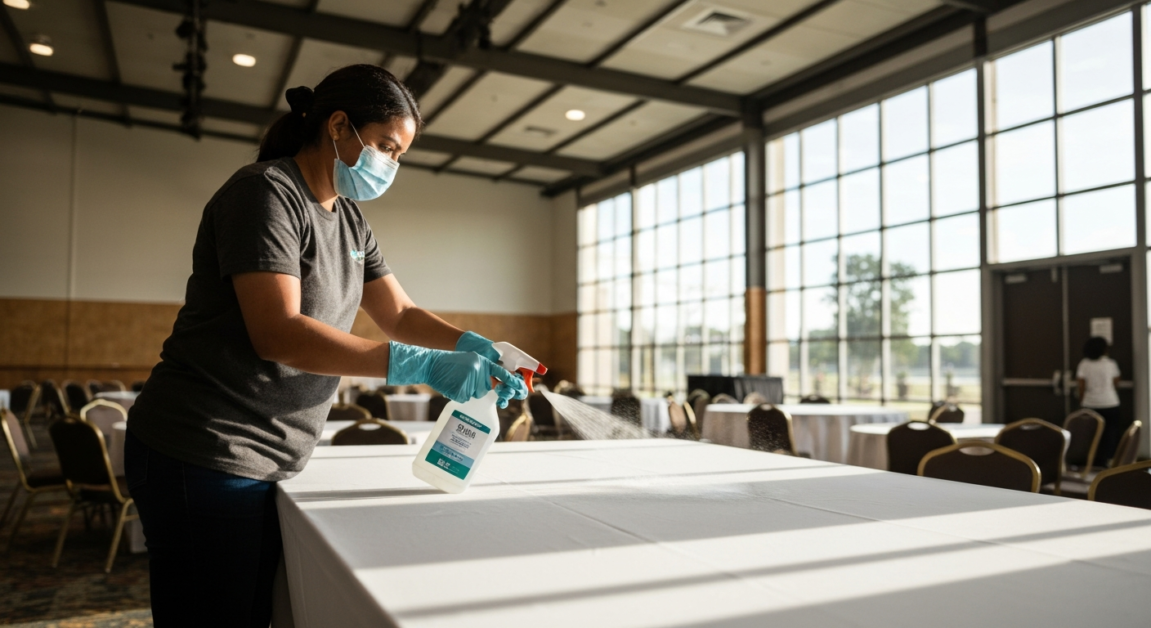 Cleaner ensuring safety compliance with regulation-based cleaning in an Orlando event venue.