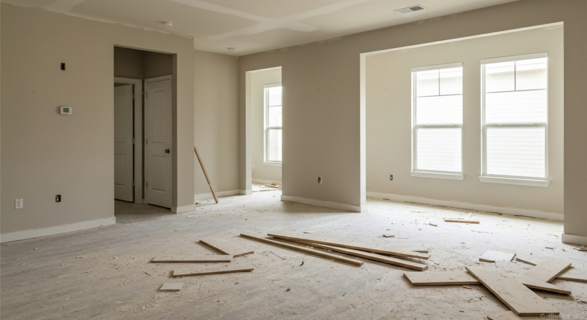 Living room in Orlando home filled with post-construction dust and debris, showcasing health risks.