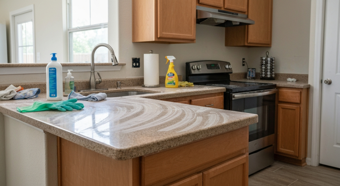 Orlando kitchen showing post-construction residue on the countertop, highlighting cleaning needs.