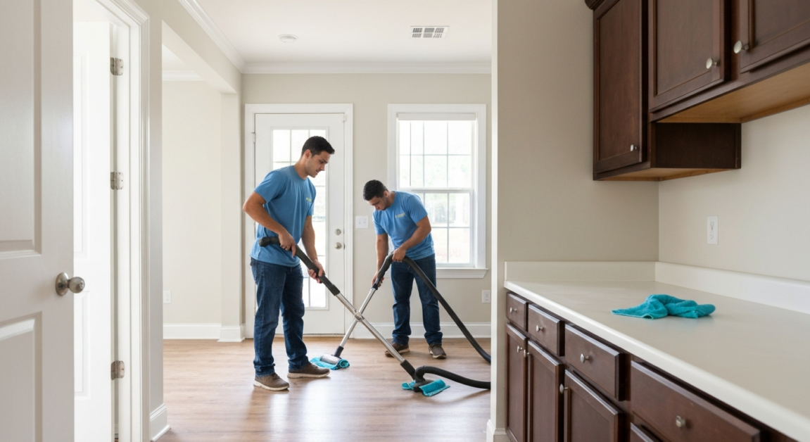 Professional cleaners in Orlando rental property preparing space for move-in, coordinating efficiently.