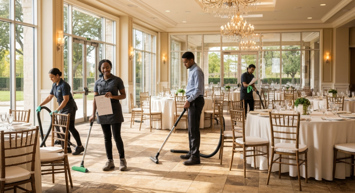 Cleaning team adapting to schedule change in Orlando event hall
