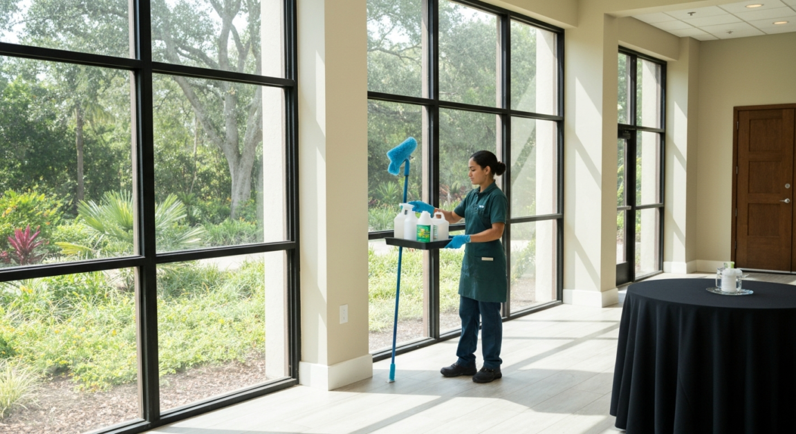 Cleaner using eco-friendly products in an Orlando event space