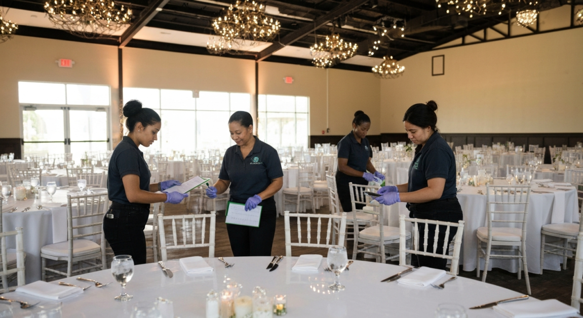 Professional cleaners inspecting cleaned Orlando wedding venue