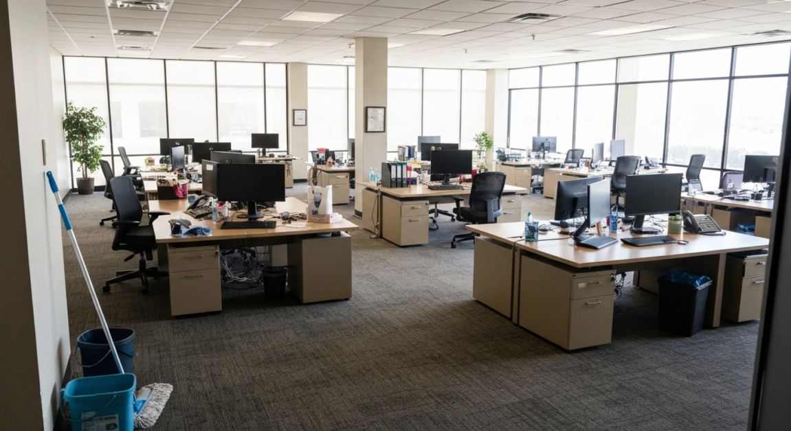 An Orlando office with an open floor plan, showing the impact of office size and layout on cleaning efficiency.