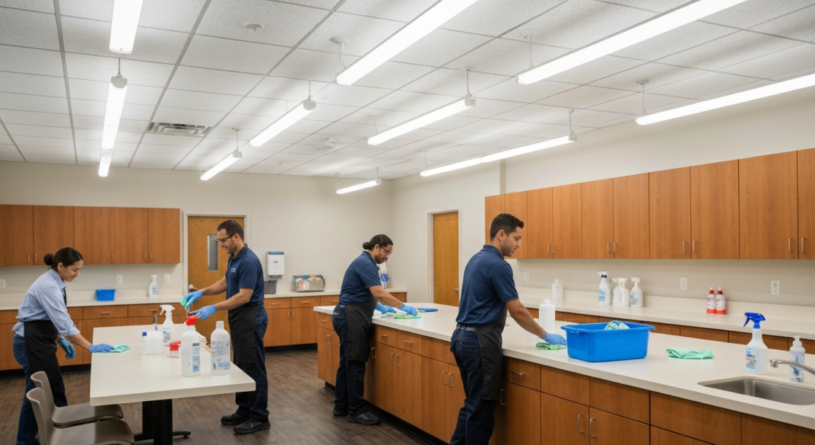 Professional cleaners in an Orlando office breakroom emphasizing high-traffic area maintenance.
