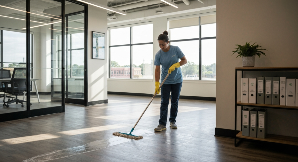 A cleaner scrubs the office floor in Orlando, highlighting the thoroughness of deep cleaning compared to routine cleaning.
