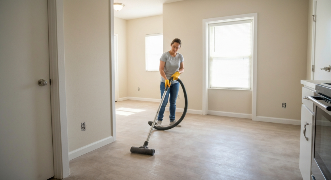 Cleaner removing dust and debris in an Orlando apartment after renovation