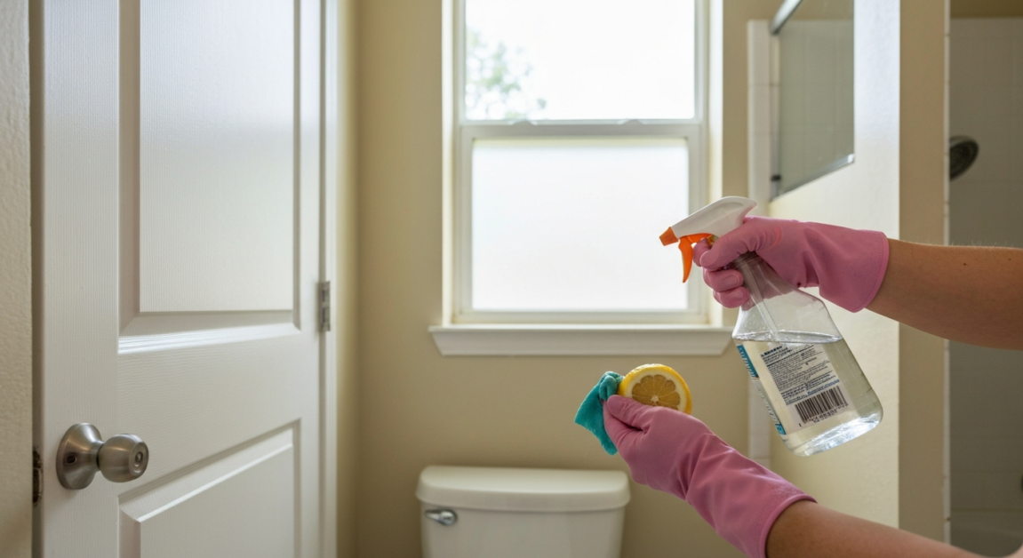 Cleaning bathroom fixtures with vinegar and lemon for eco-friendly shine
