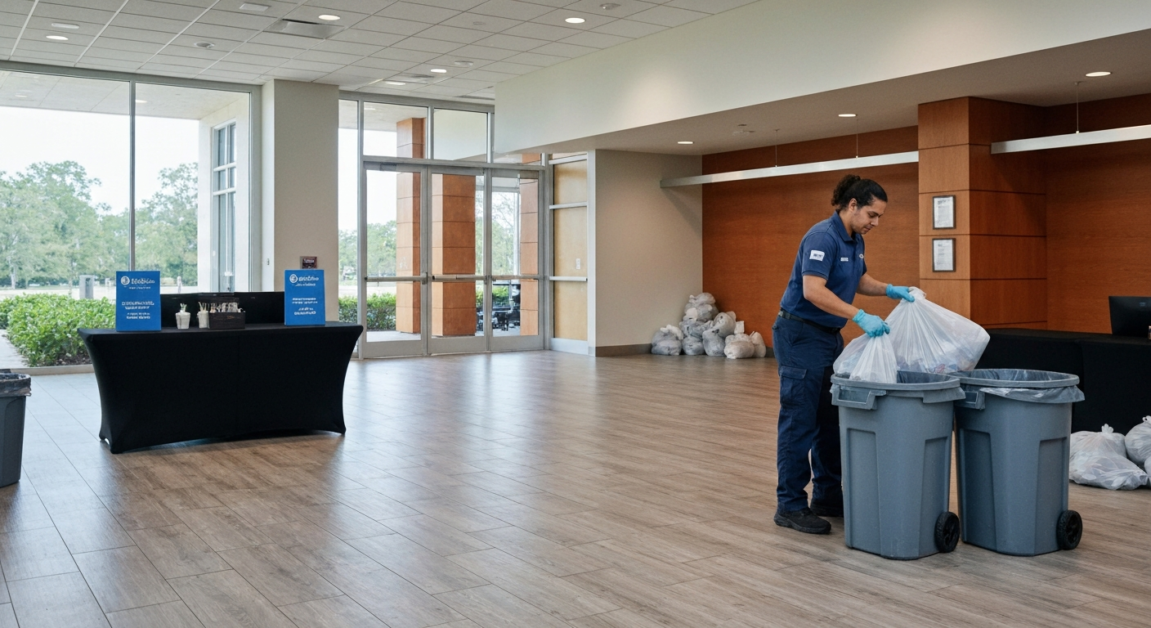 Professional cleaner disposing of trash after an Orlando office event