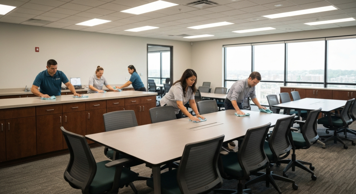 Orlando office employees collaborating on post-event cleanup