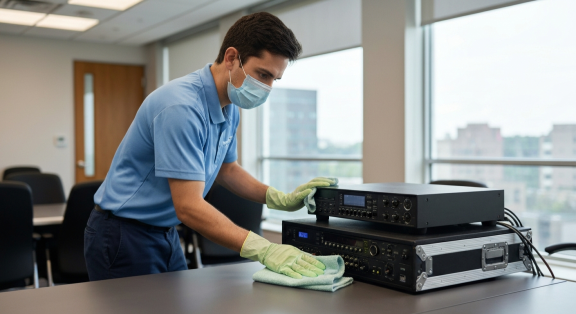 Professional cleaner sanitizing technology in an Orlando conference room