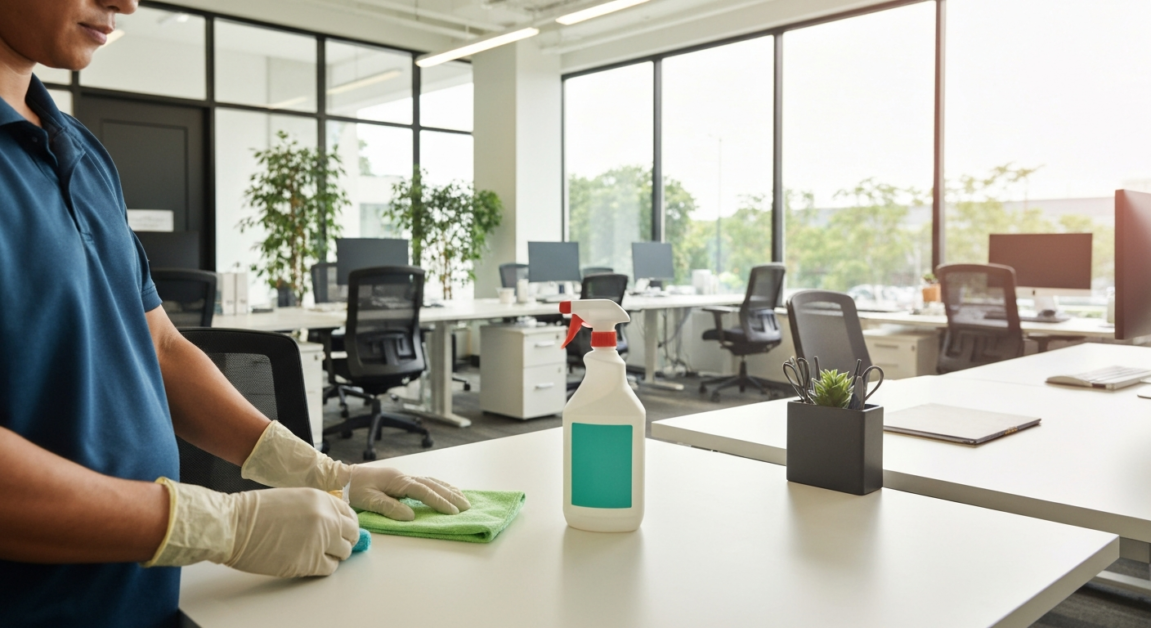 Janitor using non-toxic, Green Seal-certified cleaning products in an Orlando office