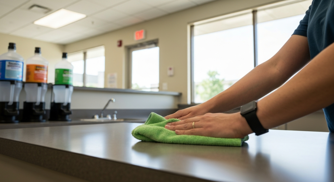 Using microfiber cloths and bulk dispensers to clean in an Orlando office breakroom
