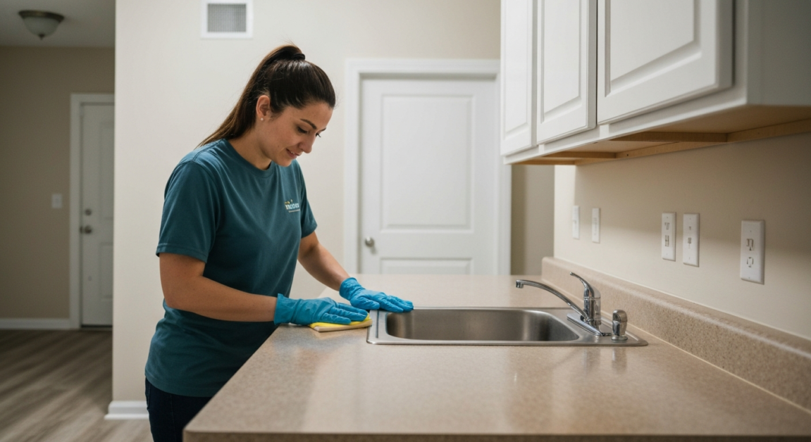 Professional cleaner performing move out cleaning in Orlando apartment kitchen