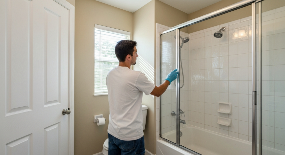 Cleaner scrubbing bathroom tiles for move out cleaning in Orlando