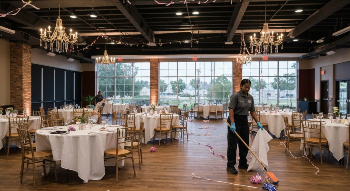 Professional cleaner tidying up after a wedding event in Orlando, collecting decorations and folding tablecloths in a venue space.