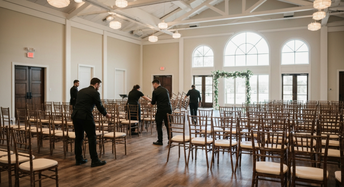 Orlando venue staff rearranging chairs and folding tables after a wedding, showing collaborative effort in cleanup.