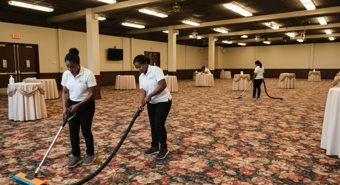 Professional cleaners from All Great Cleaner vacuuming and wiping surfaces in an Orlando event hall post-wedding for thorough cleaning.