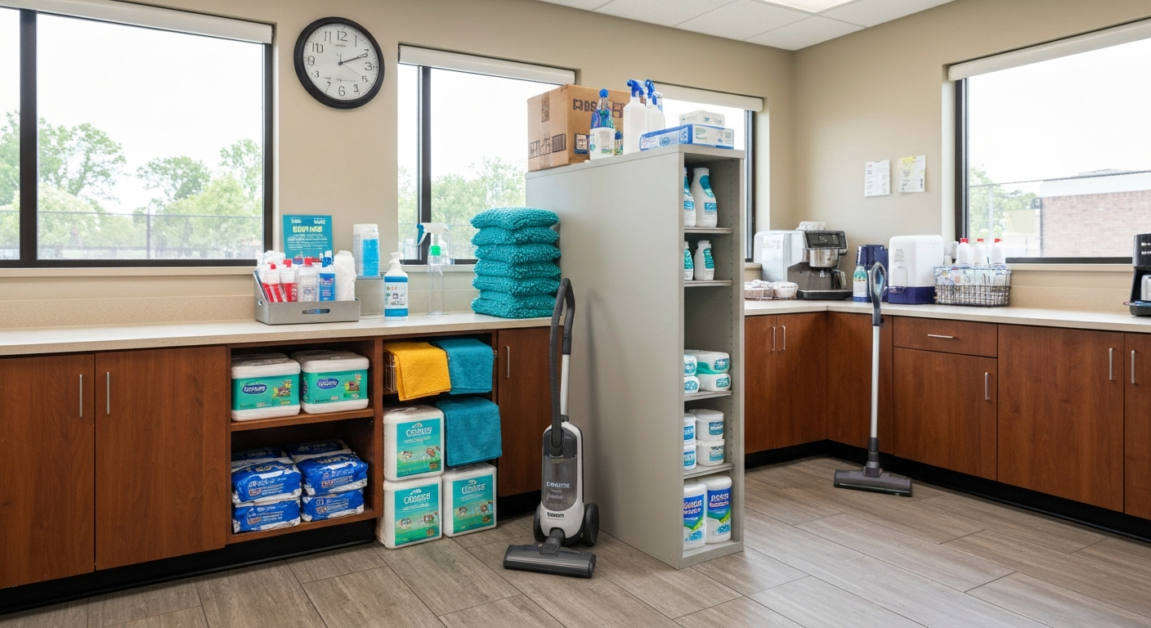Office cleaning supplies including microfiber cloths and wipes in an Orlando office
