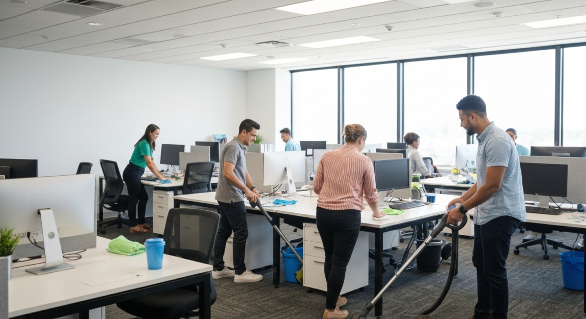 Team of employees engaged in cleaning tasks in an Orlando office workspace